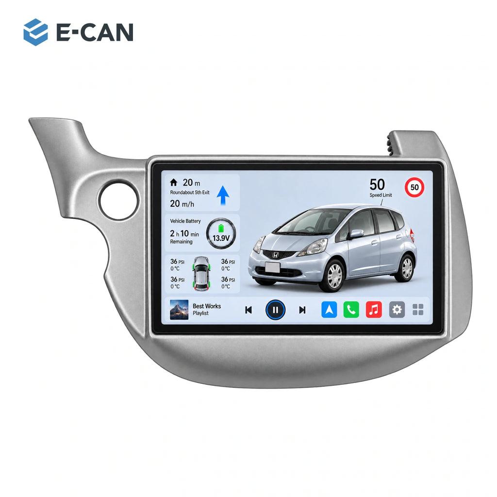 Honda Fit / Jazz GE 2008–2013 10.1-inch — 01 product white; installation/UI graphics are illustrative