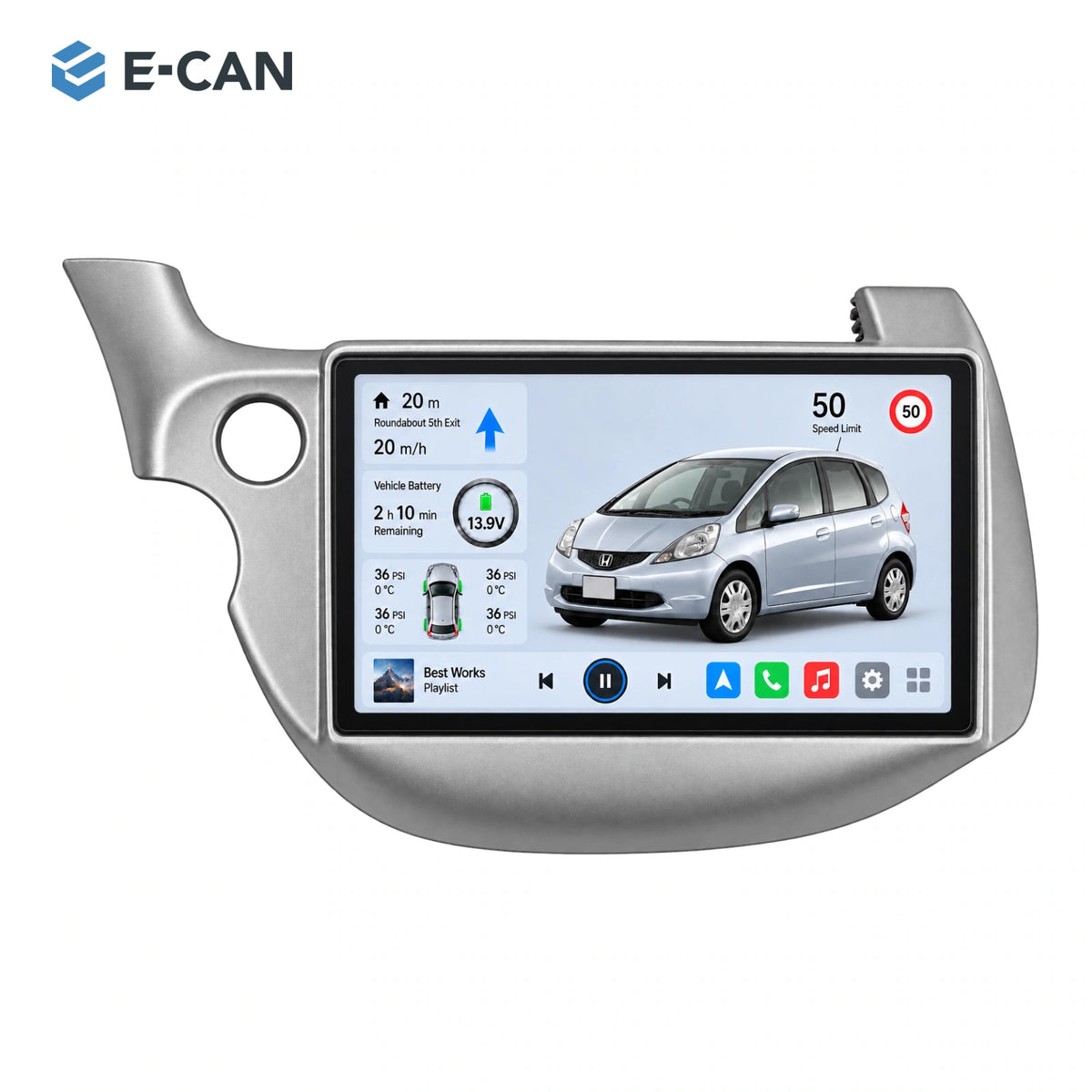 Honda Fit / Jazz GE 2008–2013 10.1-inch — 01 product white; installation/UI graphics are illustrative
