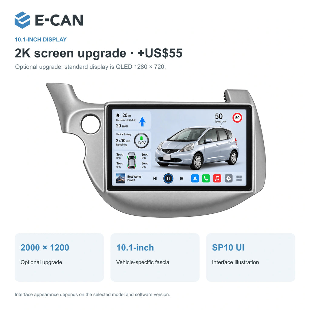 Honda Fit / Jazz GE 2008–2013 10.1-inch — 02 2k display; installation/UI graphics are illustrative