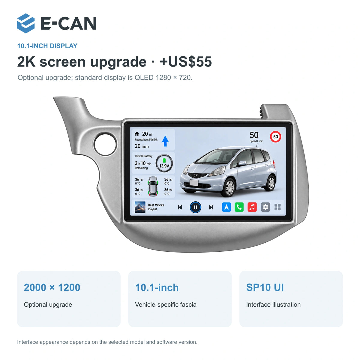 Honda Fit / Jazz GE 2008–2013 10.1-inch — 02 2k display; installation/UI graphics are illustrative
