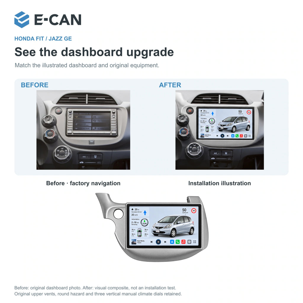 Honda Fit / Jazz GE 2008–2013 10.1-inch — 03 installation comparison; installation/UI graphics are illustrative