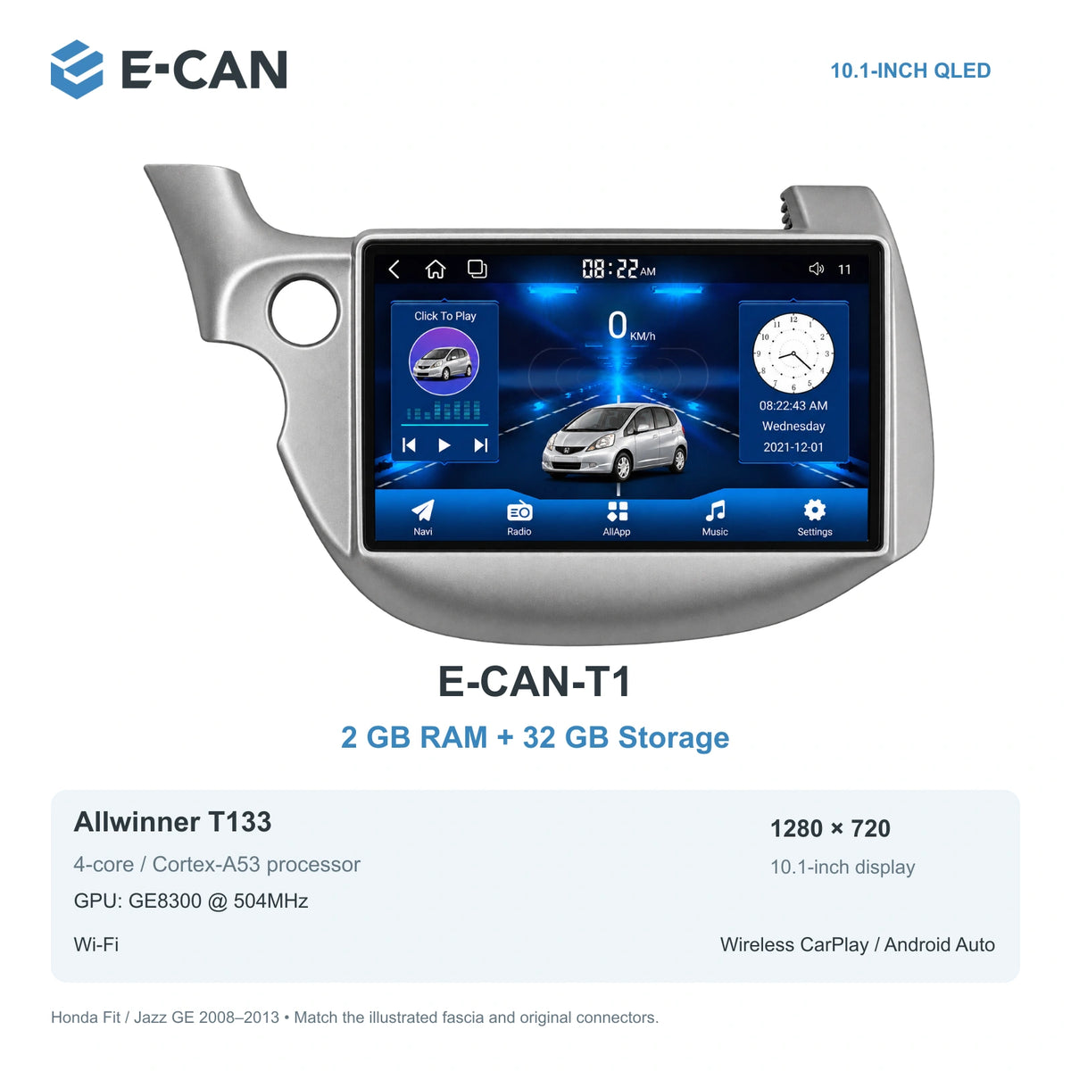 Honda Fit / Jazz GE 2008–2013 10.1-inch — 01 t1 2 32gb; installation/UI graphics are illustrative