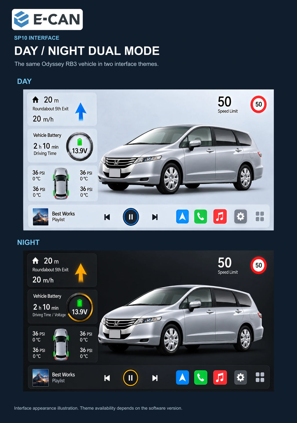 Honda Odyssey RB3 / RB4 2009–2014 9-inch — 06b day night ui; installation/UI graphics are illustrative