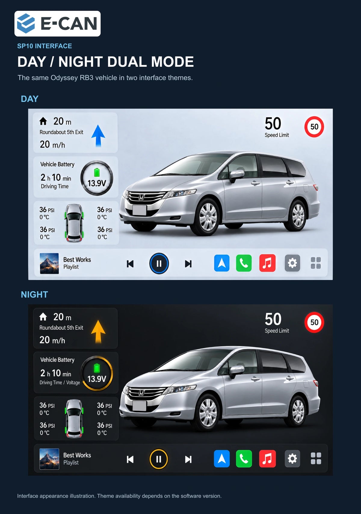 Honda Odyssey RB3 / RB4 2009–2014 9-inch — 06b day night ui; installation/UI graphics are illustrative