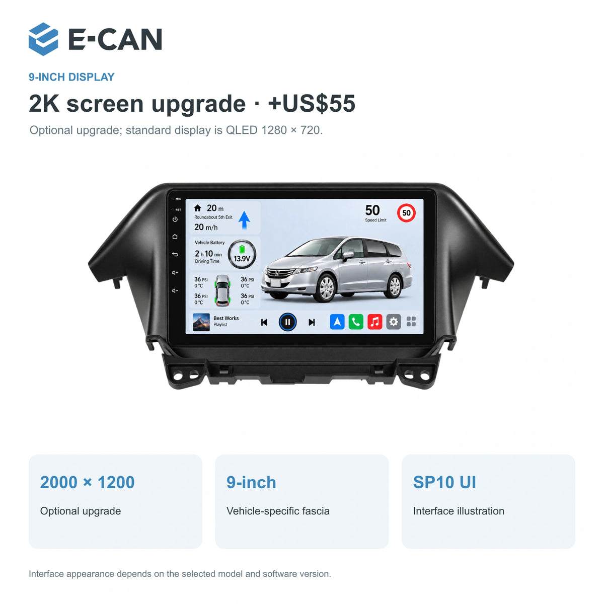 Honda Odyssey RB3 / RB4 2009–2014 9-inch — 02 2k display; installation/UI graphics are illustrative