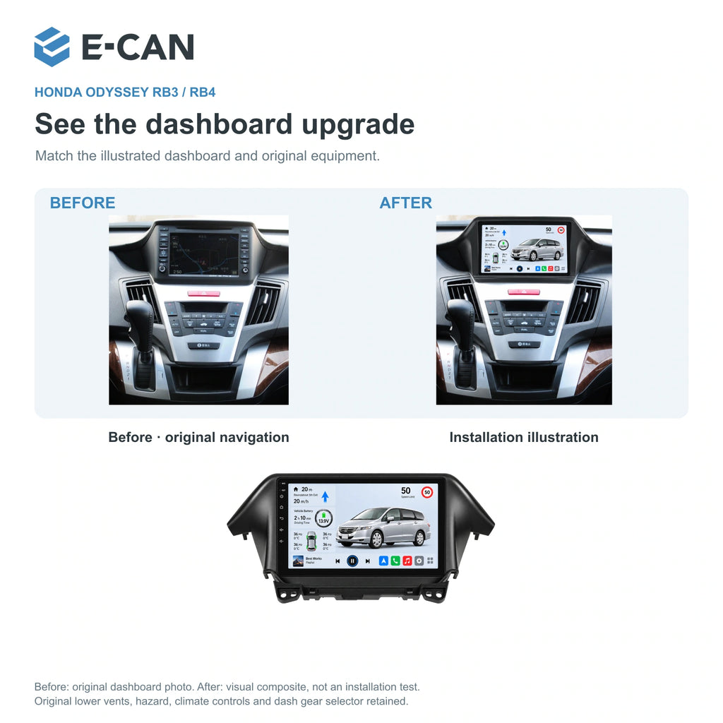 Honda Odyssey RB3 / RB4 2009–2014 9-inch — 03 installation comparison; installation/UI graphics are illustrative