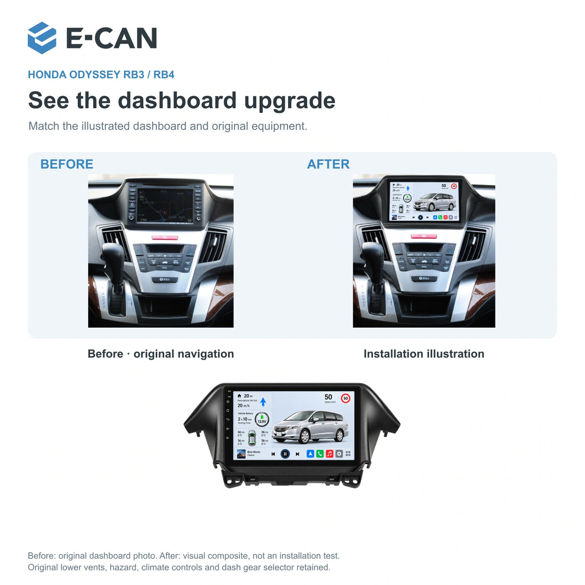 Honda Odyssey RB3 / RB4 2009–2014 9-inch — 03 installation comparison; installation/UI graphics are illustrative