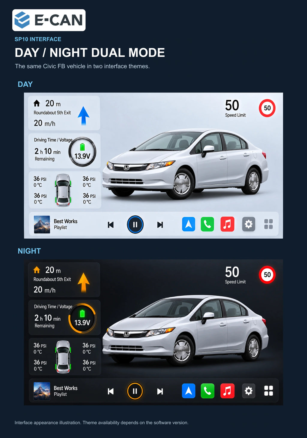 Honda Civic FB 2012–2015 9-inch — 06b day night ui; installation/UI graphics are illustrative