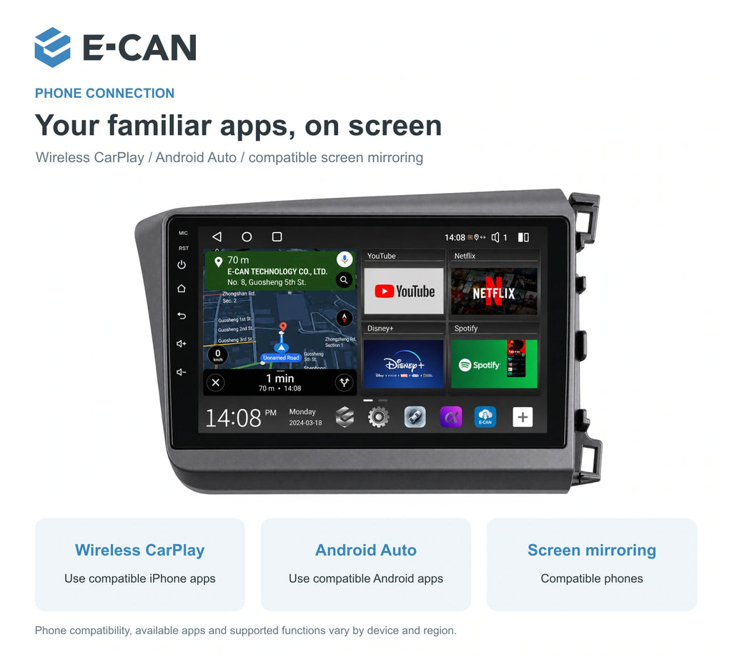 Honda Civic FB 2012–2015 9-inch — 07 wireless phone link; installation/UI graphics are illustrative