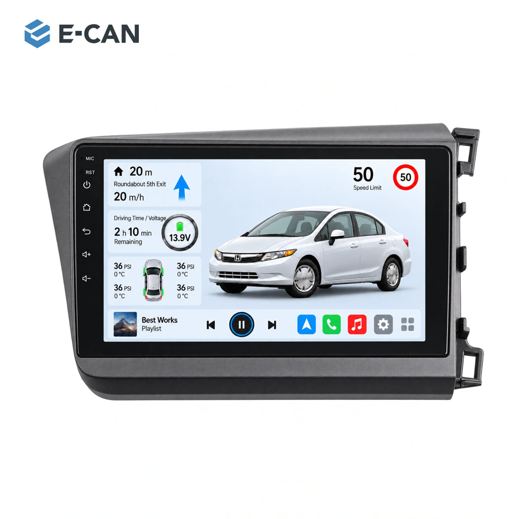 Honda Civic FB 2012–2015 9-inch — 01 product white; installation/UI graphics are illustrative