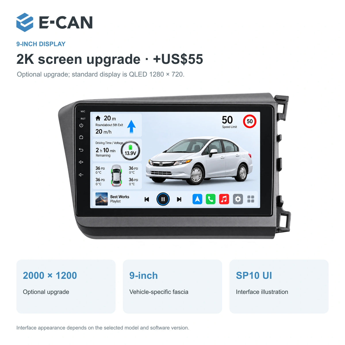 Honda Civic FB 2012–2015 9-inch — 02 2k display; installation/UI graphics are illustrative