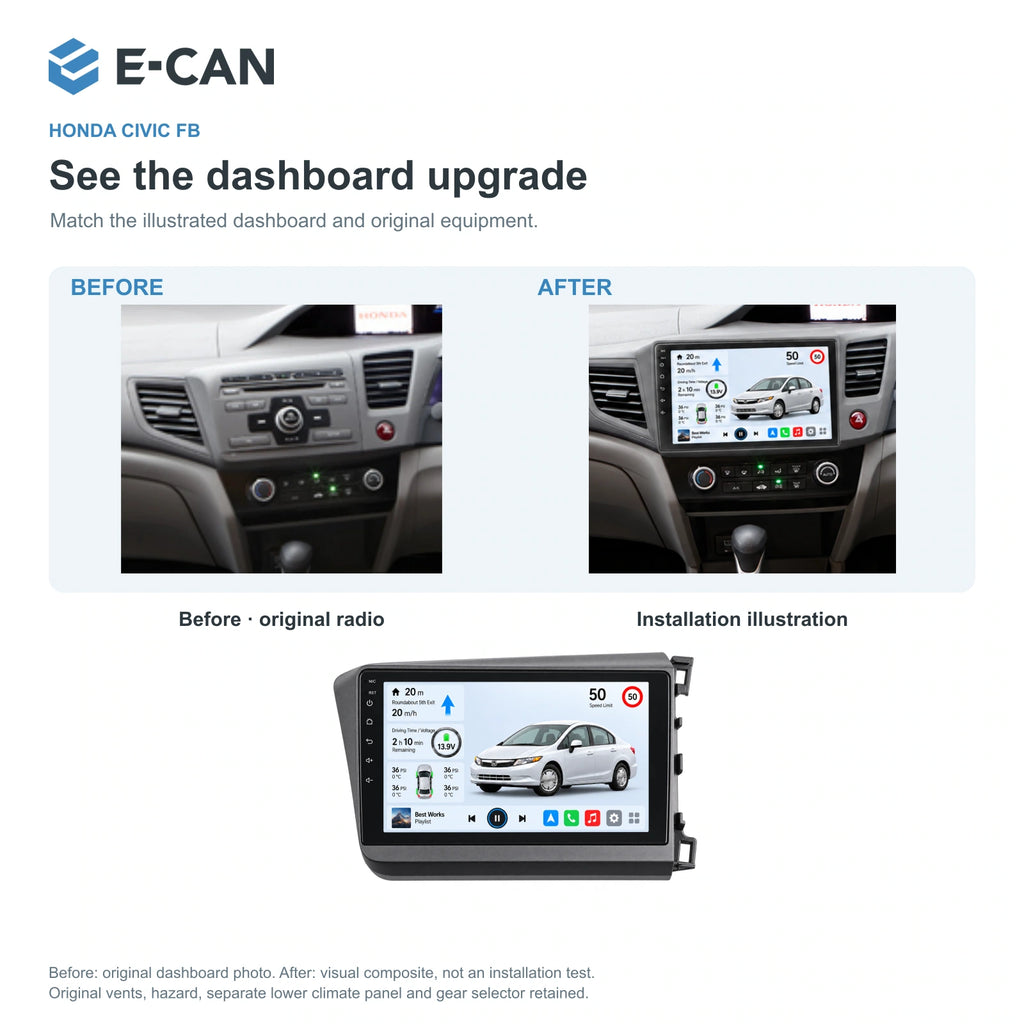 Honda Civic FB 2012–2015 9-inch — 03 installation comparison; installation/UI graphics are illustrative