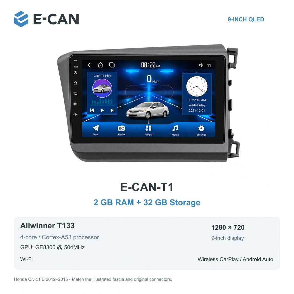 Honda Civic FB 2012–2015 9-inch — 01 t1 2 32gb; installation/UI graphics are illustrative