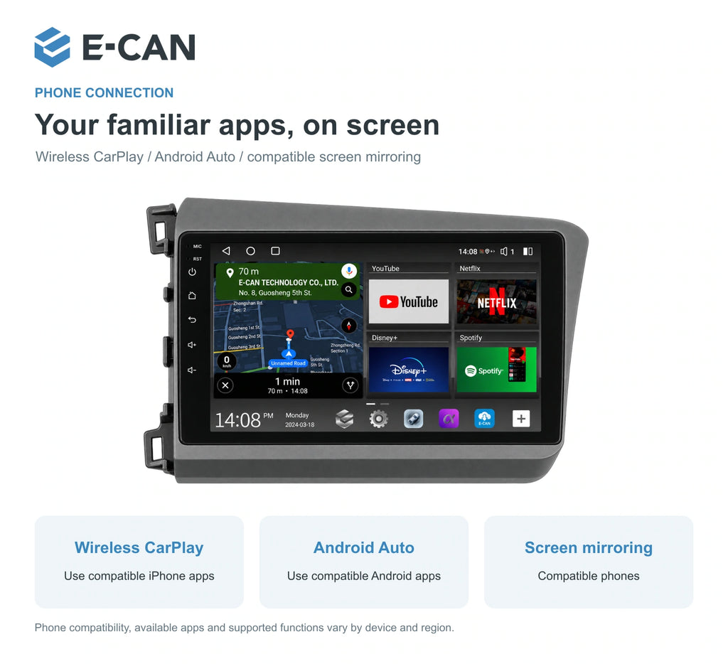 Honda Civic FB 2012–2015 9-inch — 07 wireless phone link; installation/UI graphics are illustrative