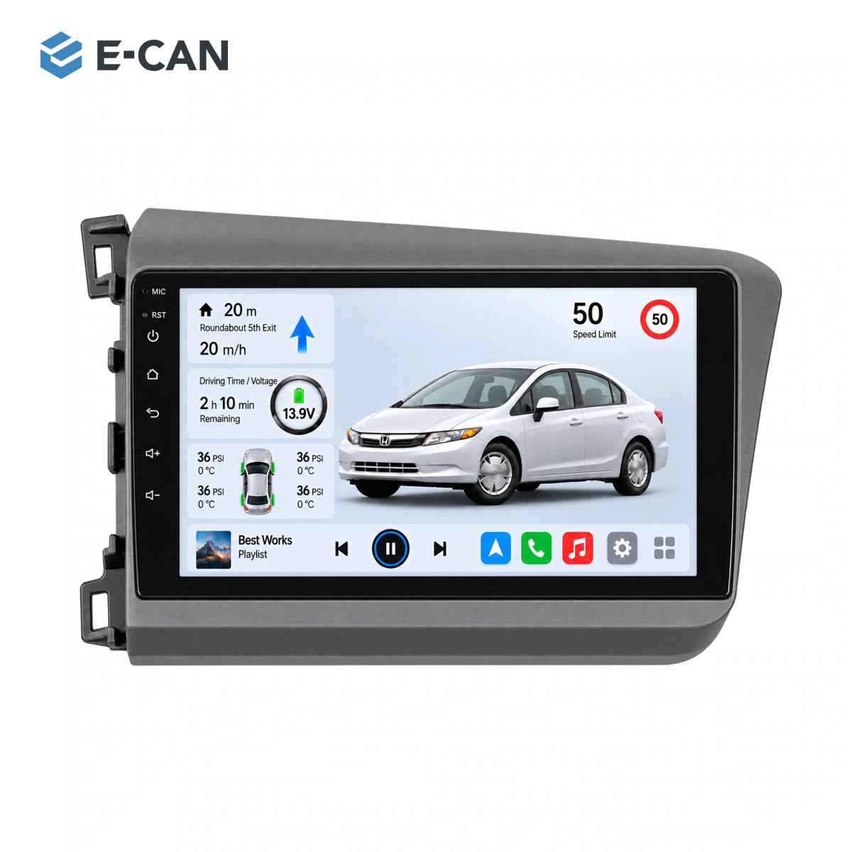 Honda Civic FB 2012–2015 9-inch — 01 product white; installation/UI graphics are illustrative