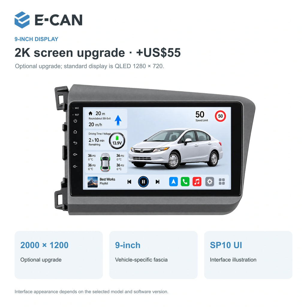 Honda Civic FB 2012–2015 9-inch — 02 2k display; installation/UI graphics are illustrative