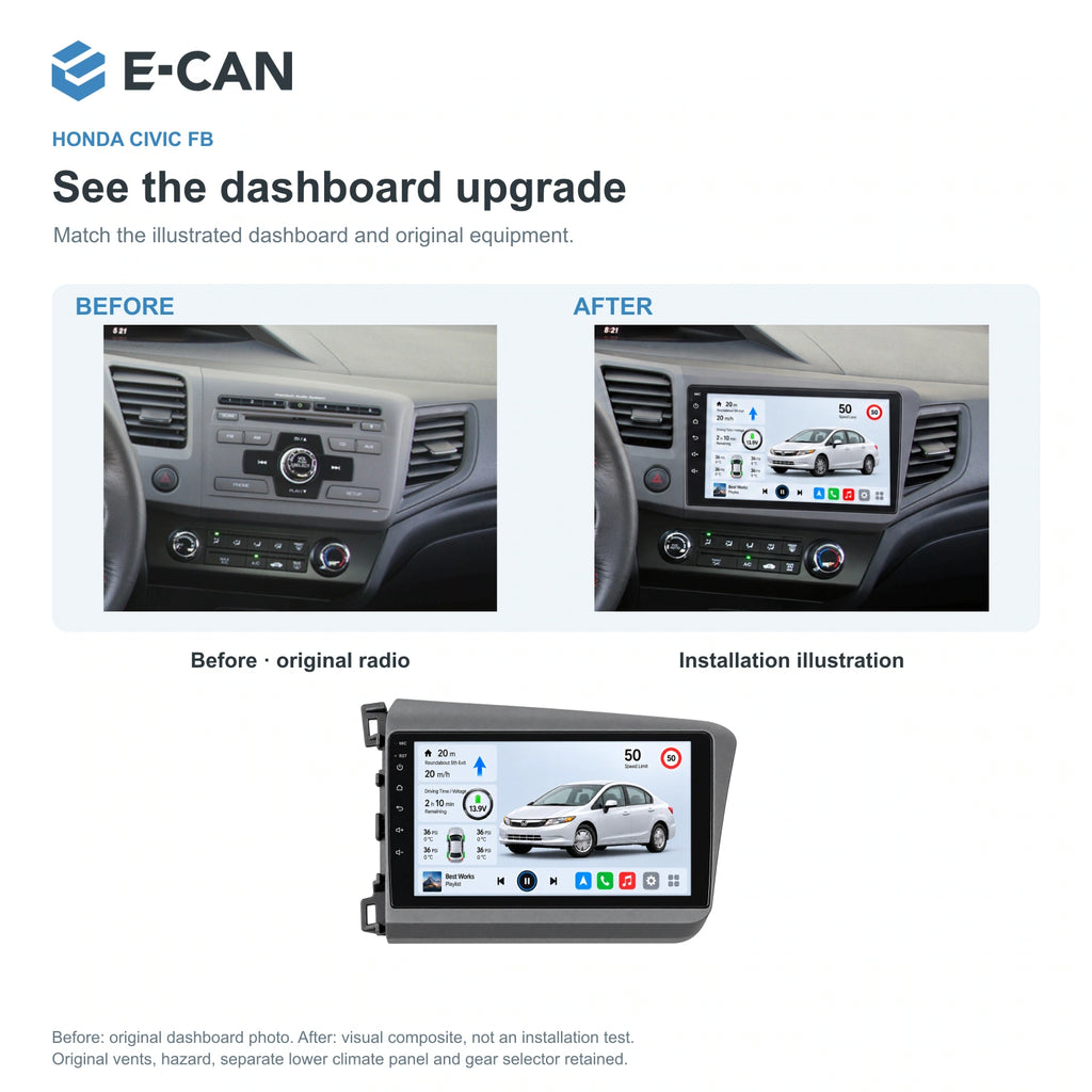 Honda Civic FB 2012–2015 9-inch — 03 installation comparison; installation/UI graphics are illustrative