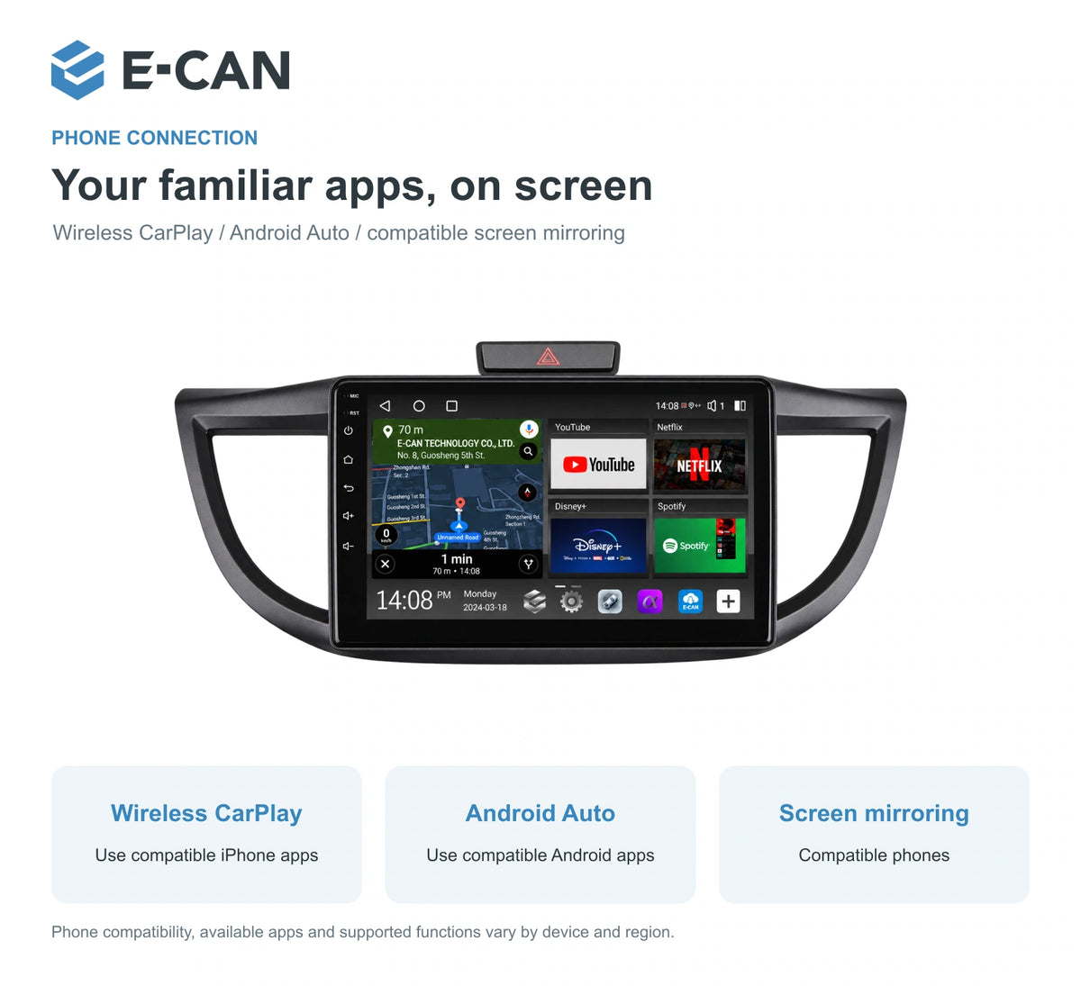 Honda CR-V RM 2012–2016 10.1-inch — 07 wireless phone link; installation/UI graphics are illustrative