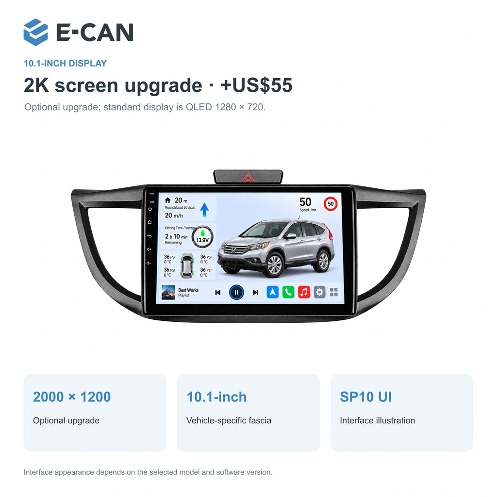 Honda CR-V RM 2012–2016 10.1-inch — 02 2k display; installation/UI graphics are illustrative