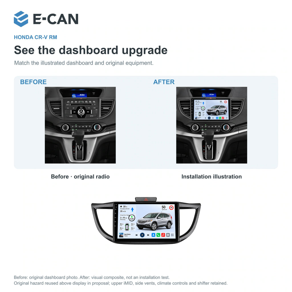 Honda CR-V RM 2012–2016 10.1-inch — 03 installation comparison; installation/UI graphics are illustrative