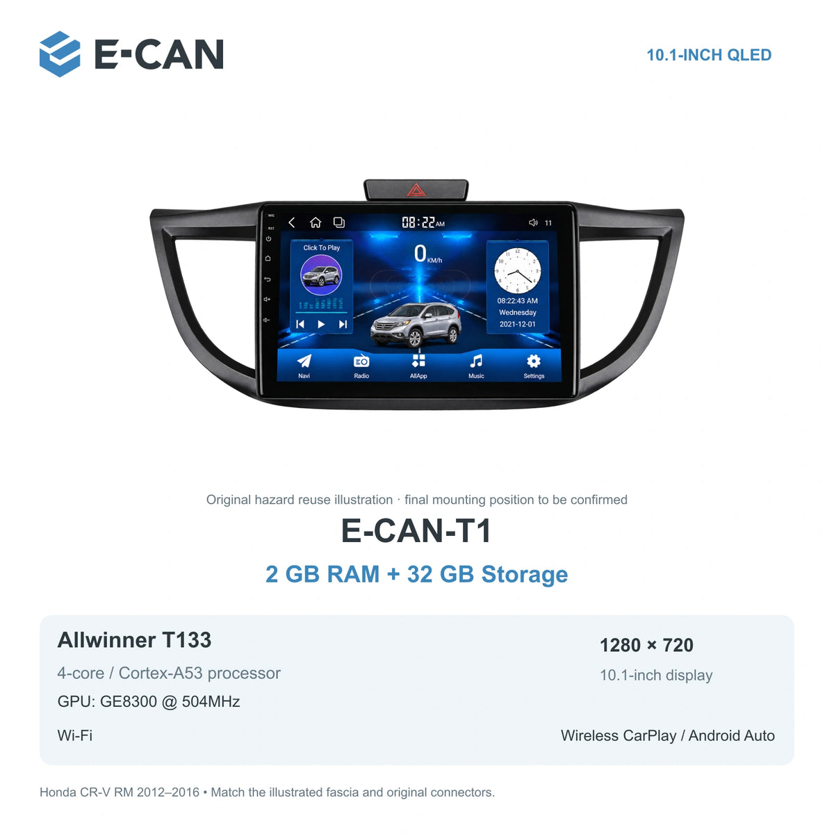 Honda CR-V RM 2012–2016 10.1-inch — 01 t1 2 32gb; installation/UI graphics are illustrative