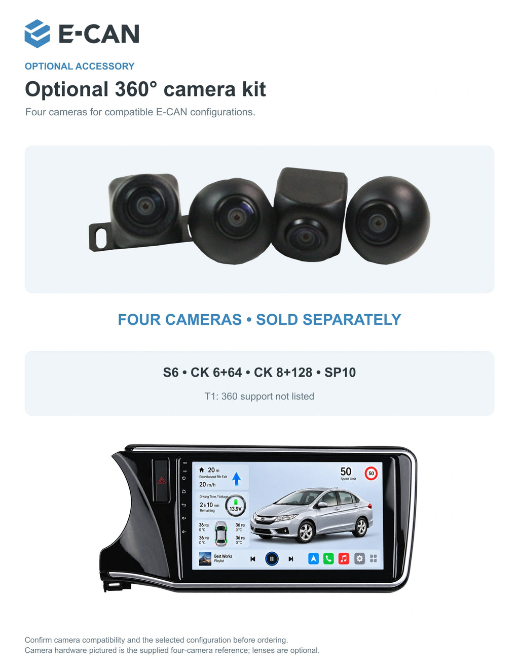 Honda City GM6 2014 10.1-inch — 05 360 camera option; installation/UI graphics are illustrative