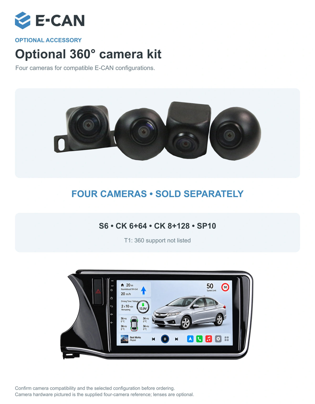 Honda City GM6 2014 10.1-inch — 05 360 camera option; installation/UI graphics are illustrative
