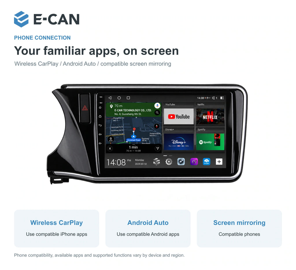 Honda City GM6 2014 10.1-inch — 07 wireless phone link; installation/UI graphics are illustrative