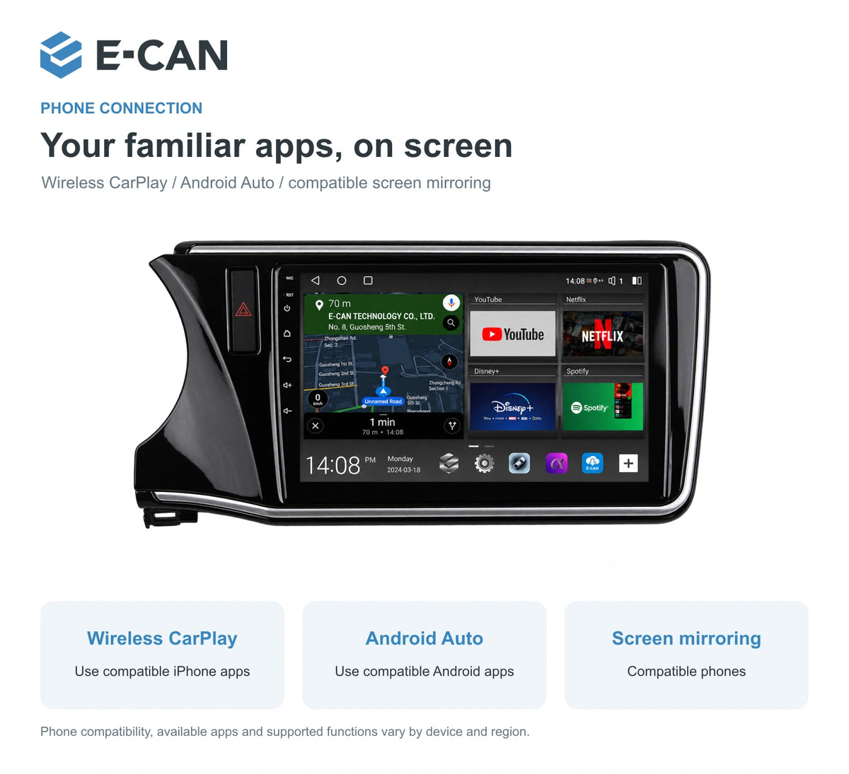 Honda City GM6 2014 10.1-inch — 07 wireless phone link; installation/UI graphics are illustrative
