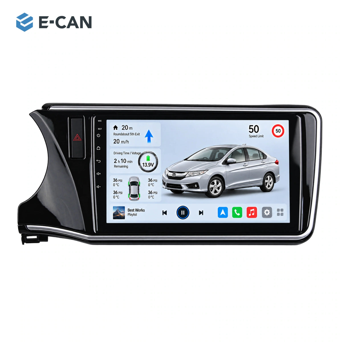 Honda City GM6 2014 10.1-inch — 01 product white; installation/UI graphics are illustrative