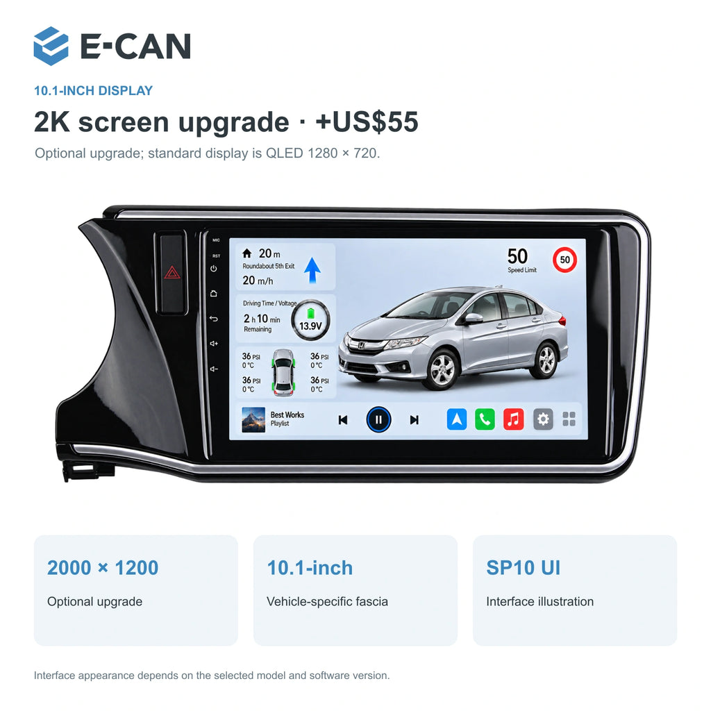 Honda City GM6 2014 10.1-inch — 02 2k display; installation/UI graphics are illustrative