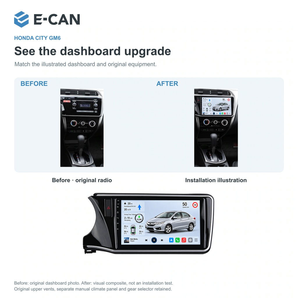 Honda City GM6 2014 10.1-inch — 03 installation comparison; installation/UI graphics are illustrative