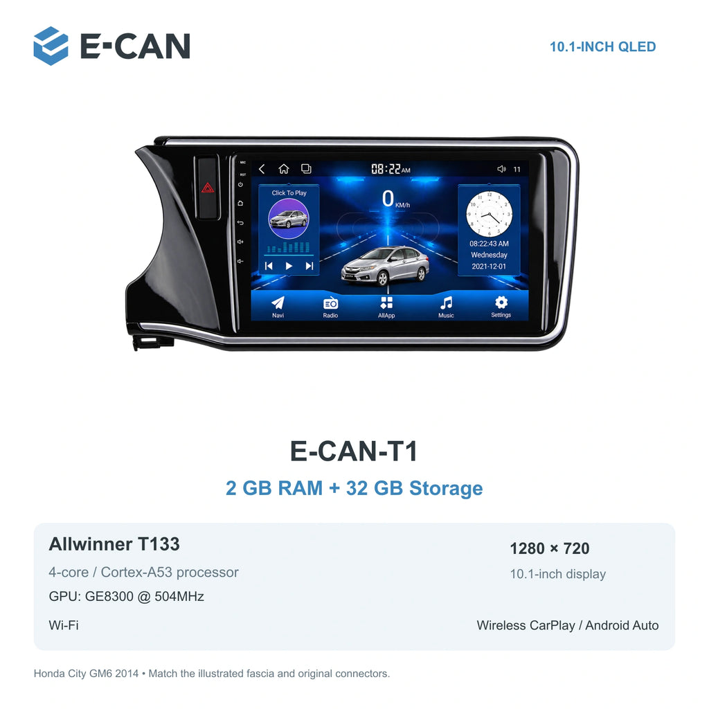 Honda City GM6 2014 10.1-inch — 01 t1 2 32gb; installation/UI graphics are illustrative
