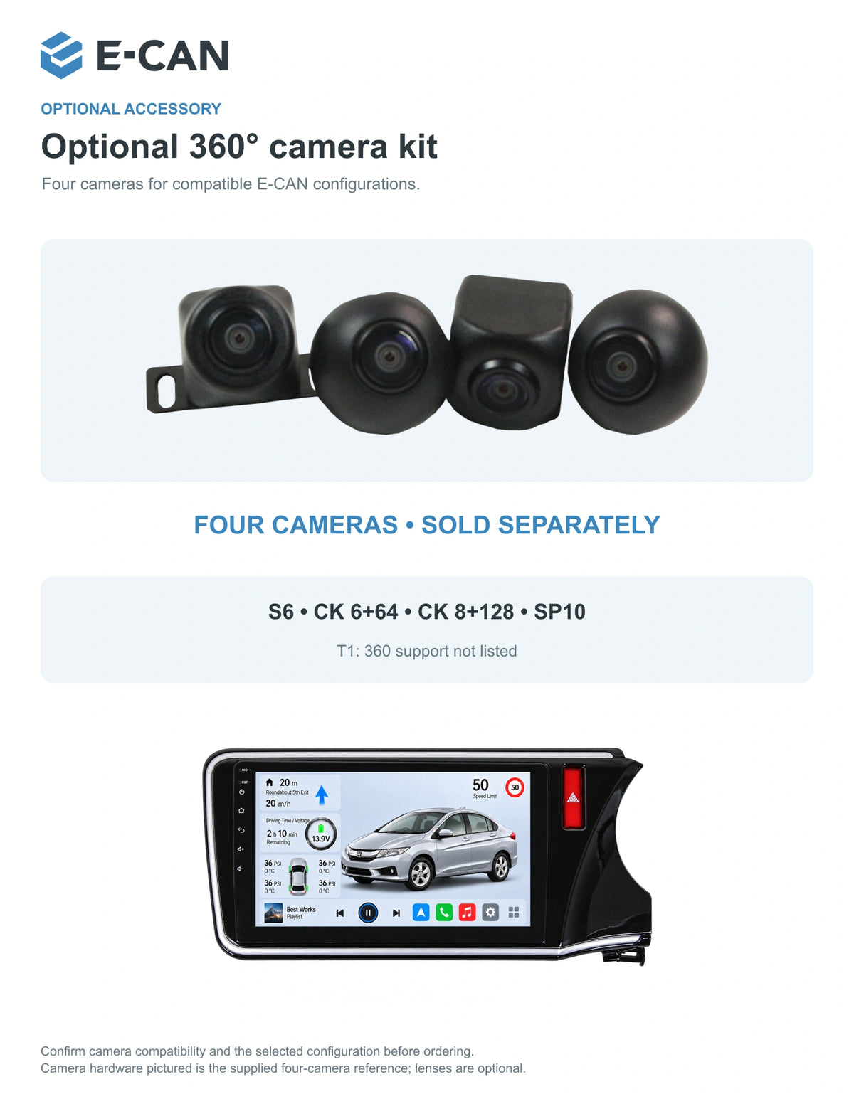 Honda City GM6 2014–2018 10-inch — 05 360 camera option; installation/UI graphics are illustrative