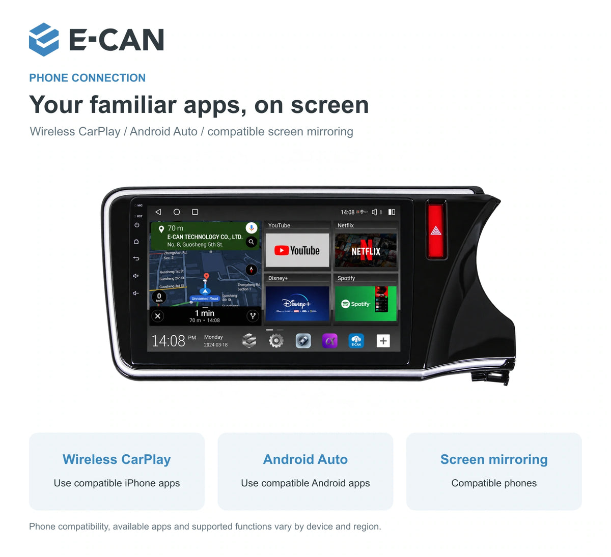 Honda City GM6 2014–2018 10-inch — 07 wireless phone link; installation/UI graphics are illustrative