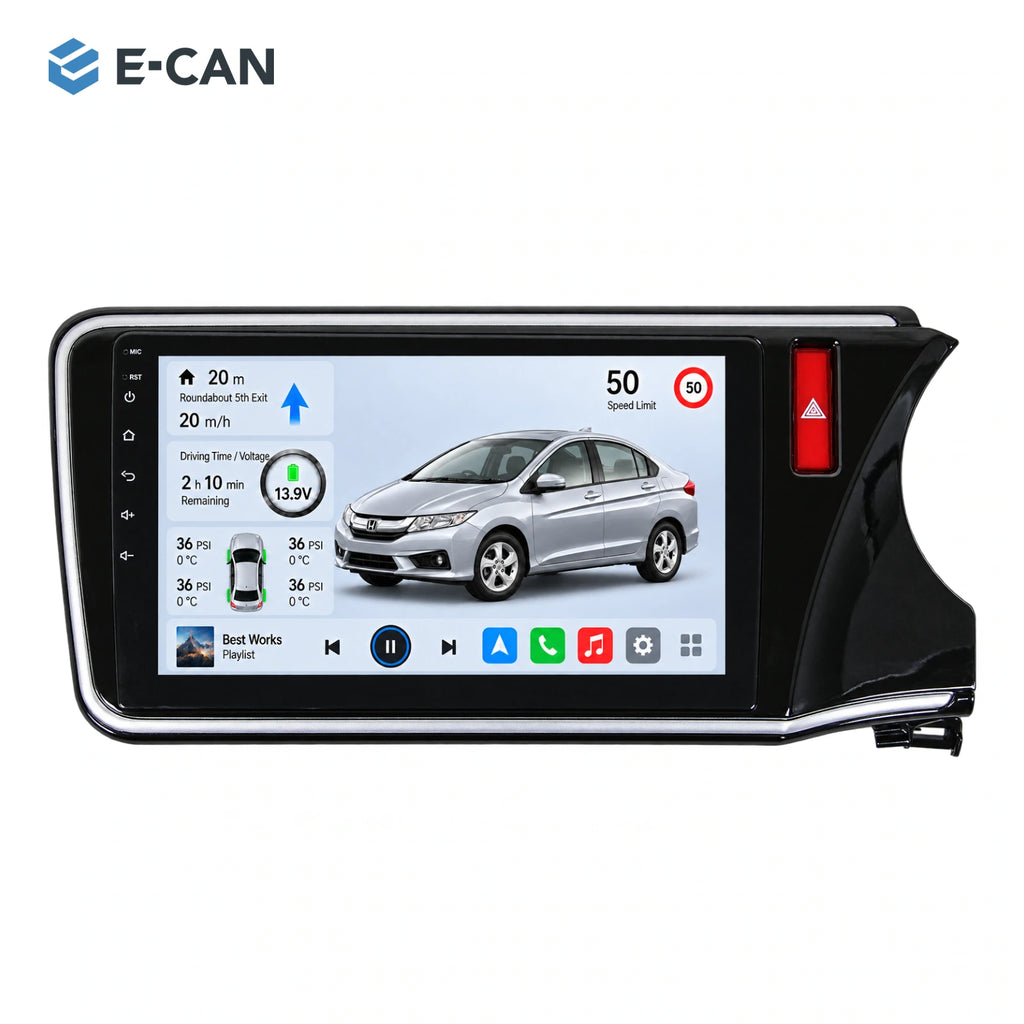 Honda City GM6 2014–2018 10-inch — 01 product white; installation/UI graphics are illustrative