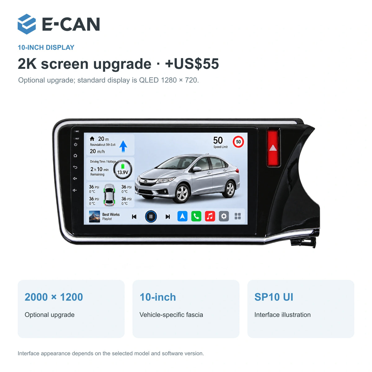 Honda City GM6 2014–2018 10-inch — 02 2k display; installation/UI graphics are illustrative