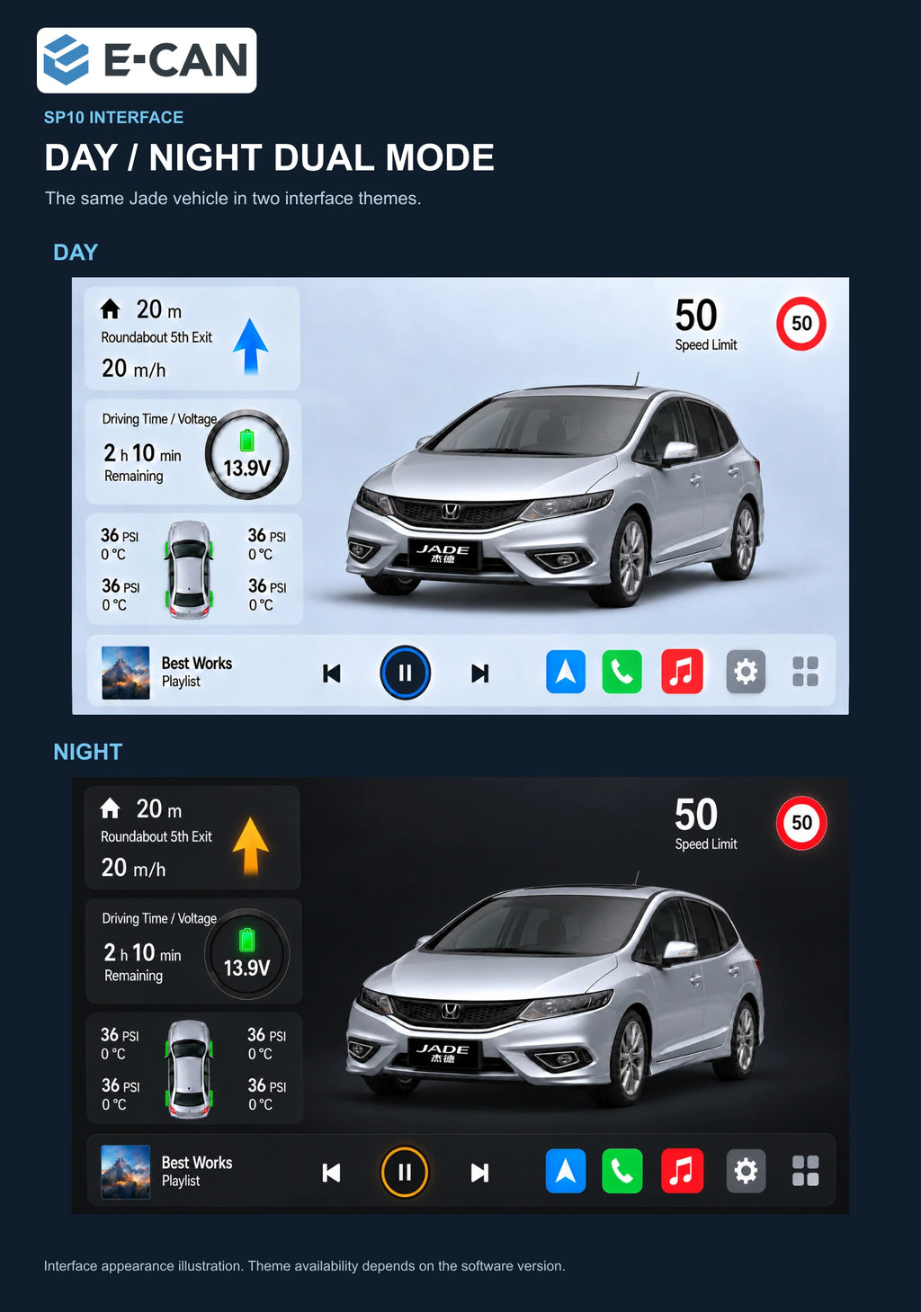 Honda Jade 2013 9-inch — 06b day night ui; installation/UI graphics are illustrative