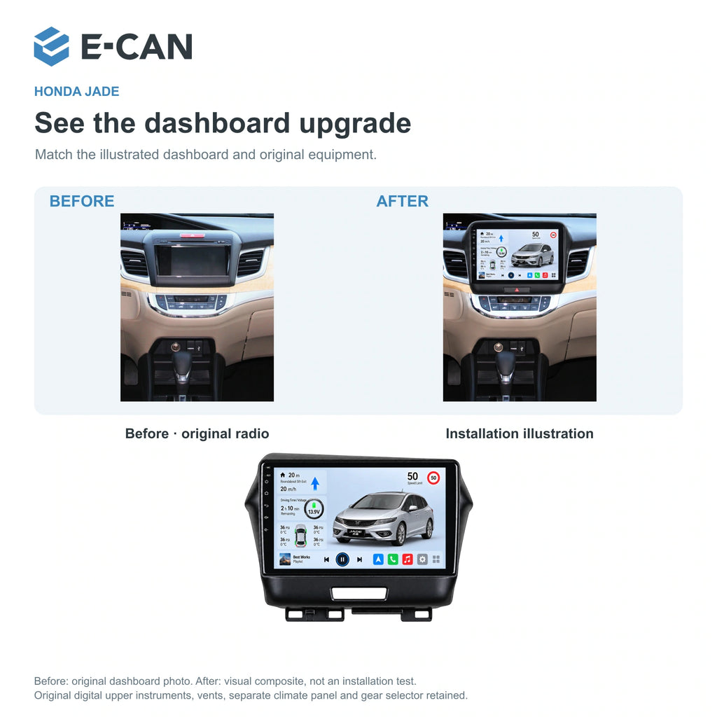 Honda Jade 2013 9-inch — 03 installation comparison; installation/UI graphics are illustrative