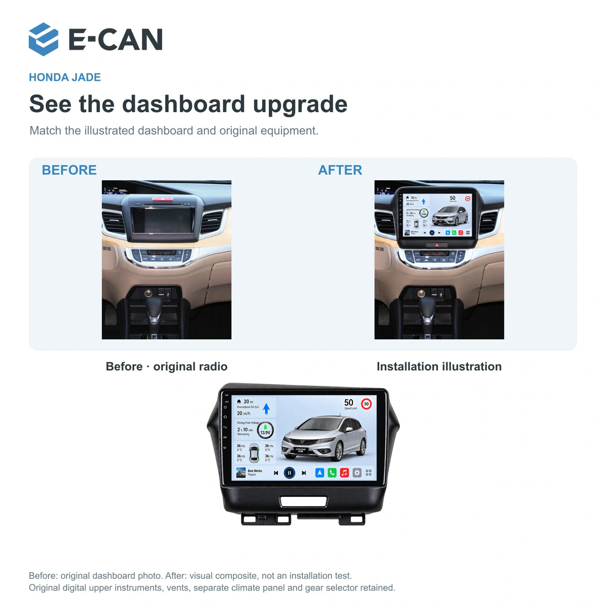 Honda Jade 2013 9-inch — 03 installation comparison; installation/UI graphics are illustrative