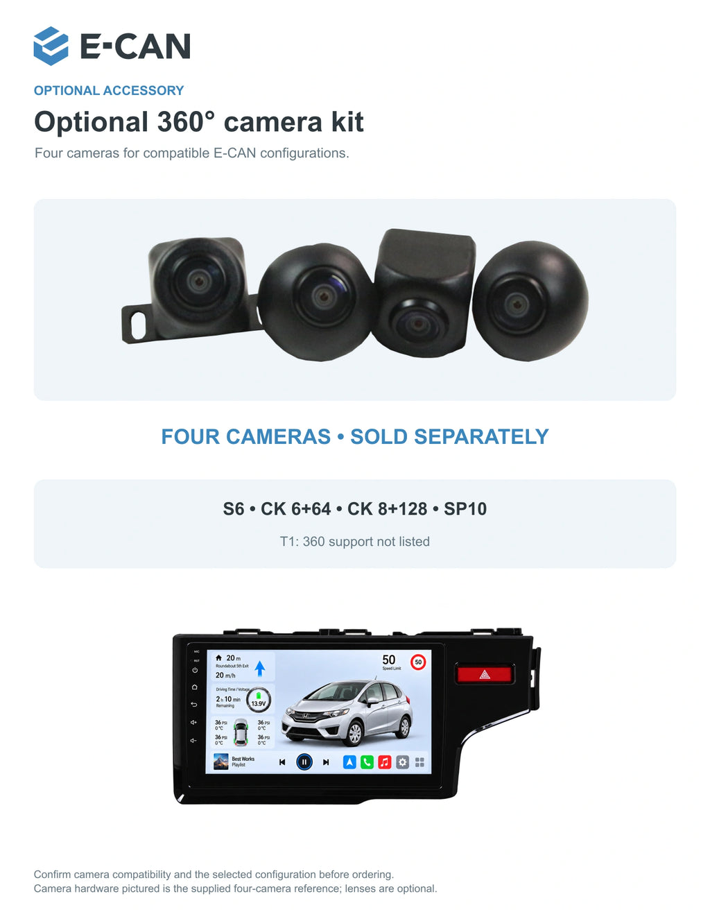 Honda Fit / Jazz GK 2014–2019 10-inch — 05 360 camera option; installation/UI graphics are illustrative