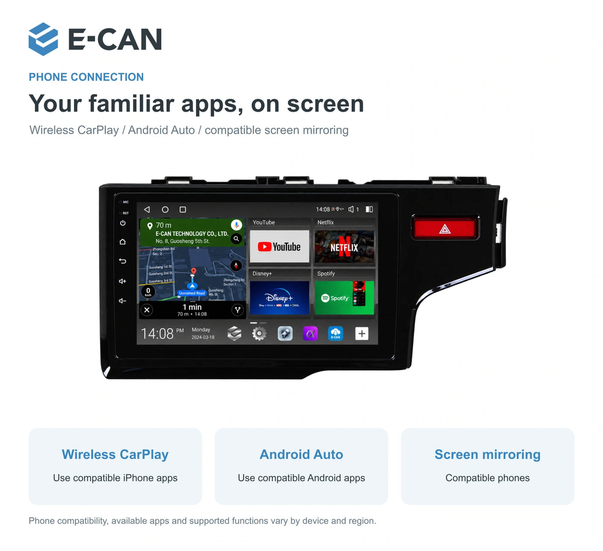 Honda Fit / Jazz GK 2014–2019 10-inch — 07 wireless phone link; installation/UI graphics are illustrative