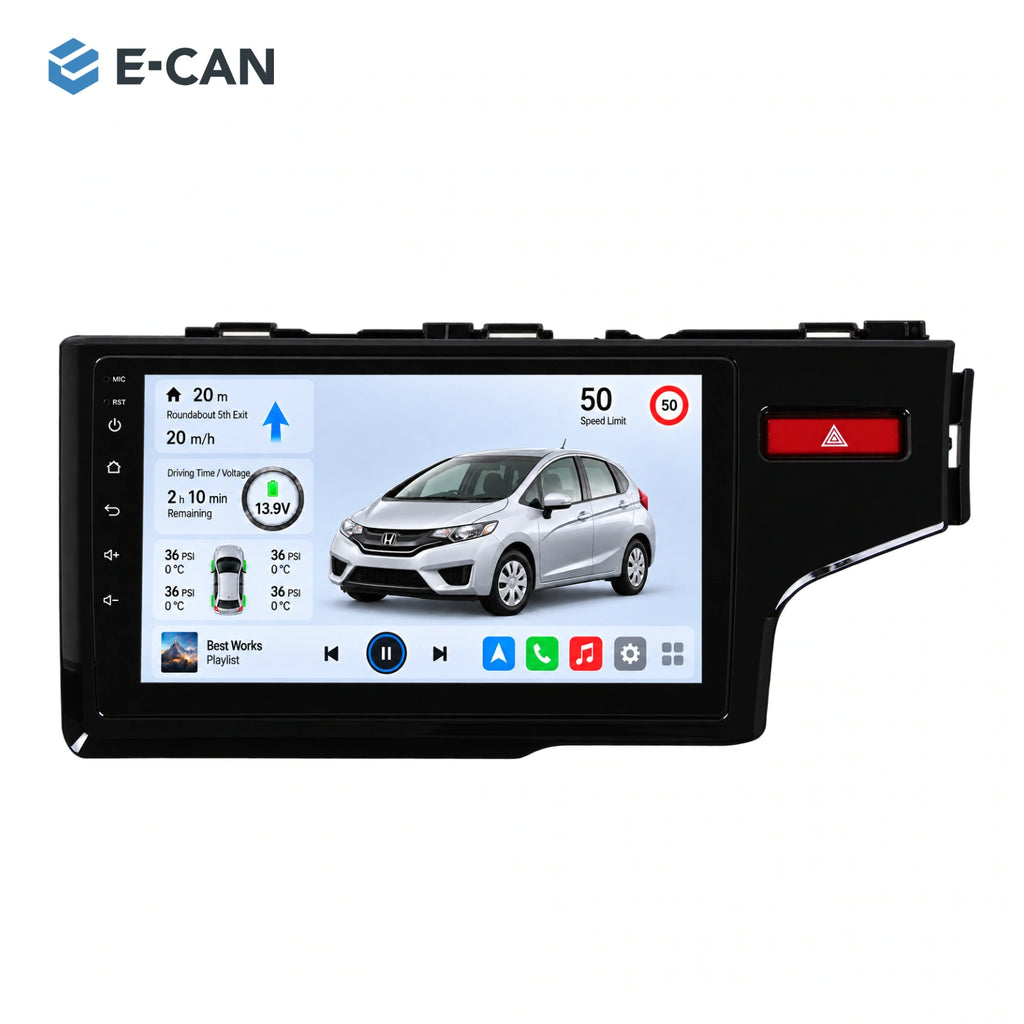 Honda Fit / Jazz GK 2014–2019 10-inch — 01 product white; installation/UI graphics are illustrative