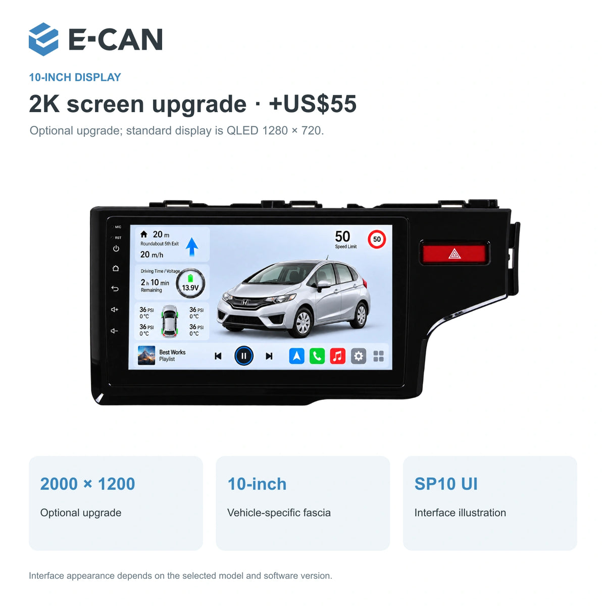 Honda Fit / Jazz GK 2014–2019 10-inch — 02 2k display; installation/UI graphics are illustrative