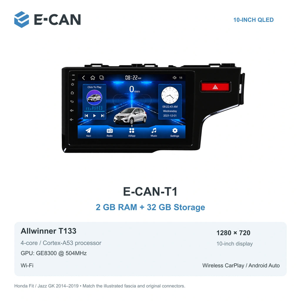 Honda Fit / Jazz GK 2014–2019 10-inch — 01 t1 2 32gb; installation/UI graphics are illustrative
