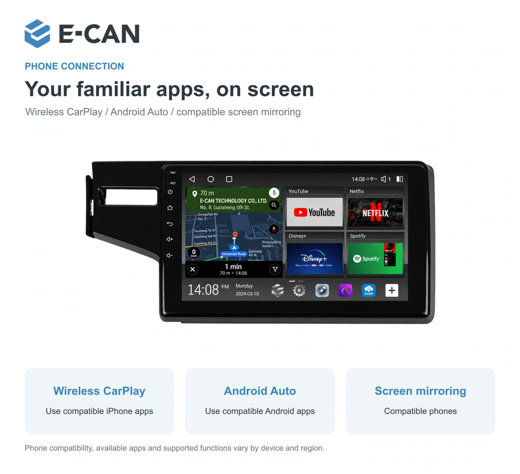 Honda Fit / Jazz GK 2014–2015 10.1-inch — 07 wireless phone link; installation/UI graphics are illustrative
