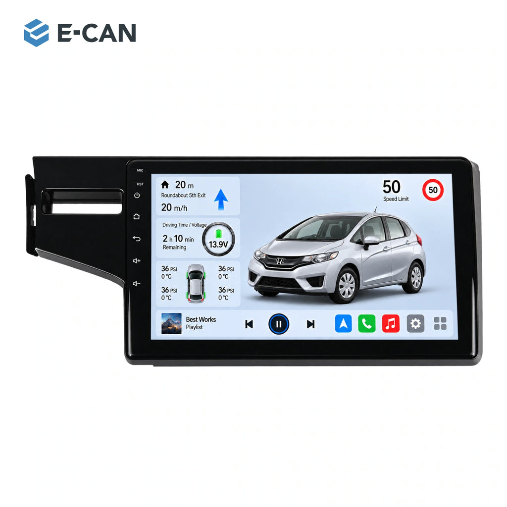 Honda Fit / Jazz GK 2014–2015 10.1-inch — 01 product white; installation/UI graphics are illustrative