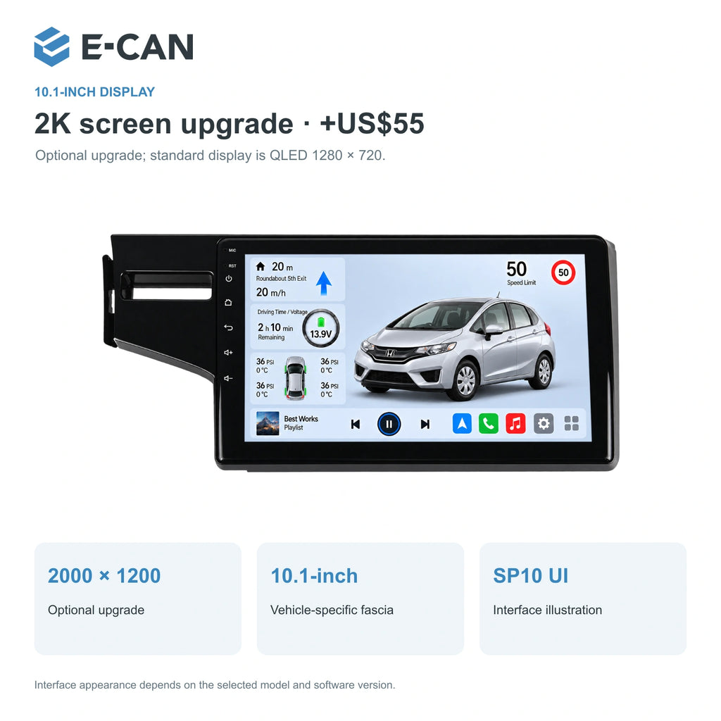 Honda Fit / Jazz GK 2014–2015 10.1-inch — 02 2k display; installation/UI graphics are illustrative