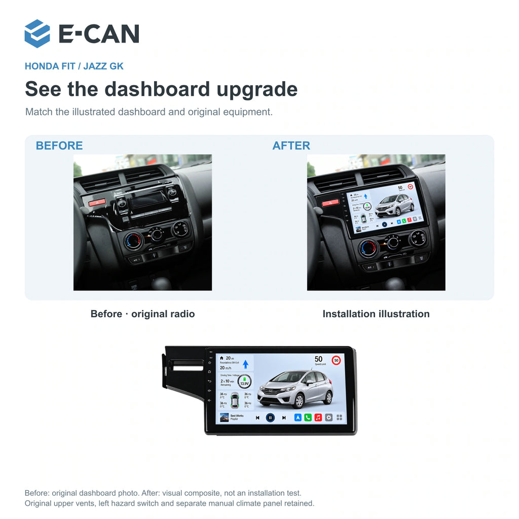 Honda Fit / Jazz GK 2014–2015 10.1-inch — 03 installation comparison; installation/UI graphics are illustrative