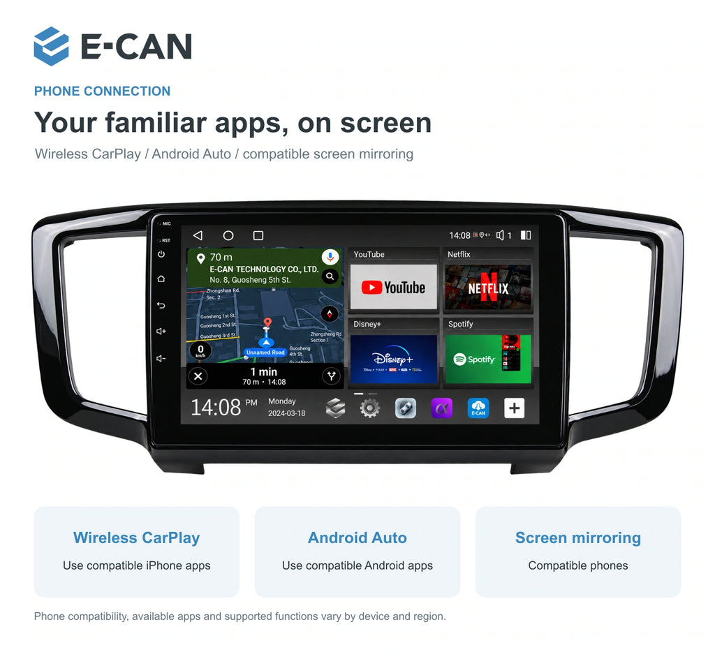 Honda Odyssey RC 2015 10.1-inch — 07 wireless phone link; installation/UI graphics are illustrative